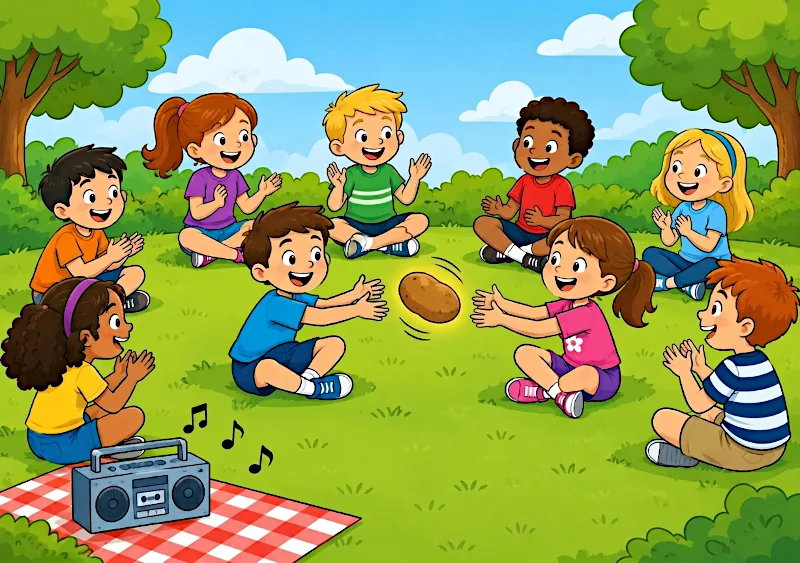 Hot potato game: cartoon image of children playing the hot potato party game on the grass in a park