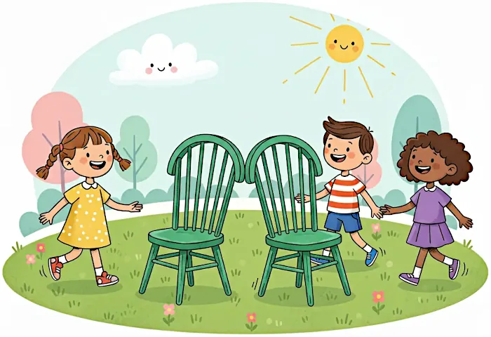 Cartoon of children playing the musical chairs game outside