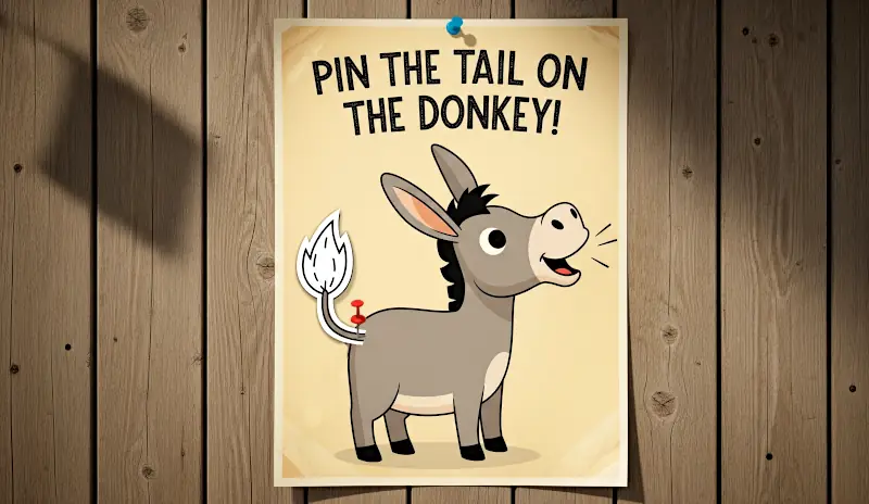 Pin the tail on the donkey poster on a wooden fence